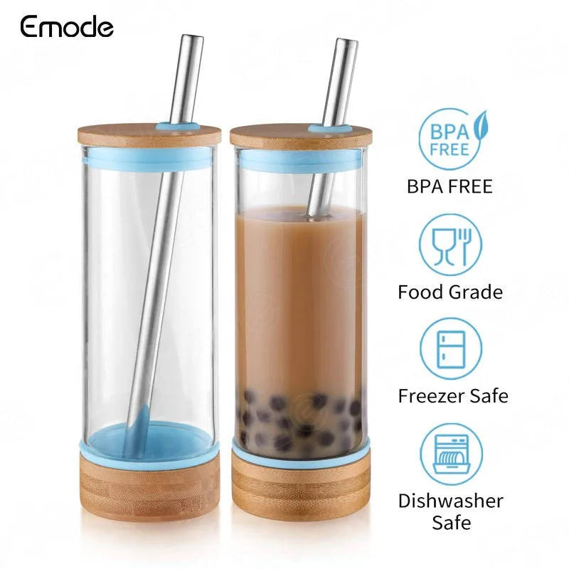 16oz/20oz Glass Tumbler Water Bottle with Straw and Bamboo Lid Borosilicate Glass Smoothie Boba Tumbler Cups with Bamboo Base