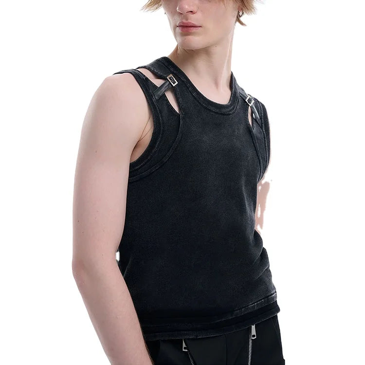 2026 Custom 100% Cotton Yarn Dyed Solid Gothic Knitted Sleeveless Loose Two-Piece Men's T-Shirts 240 Grams Silk Screen Printing