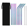 Hot Sale Custom Logo Metal 12mm Straw Set 8 Reusable Stainless Steel Metal Straws 4 Straight 4 Bent 2 Brushes 1 Pouch