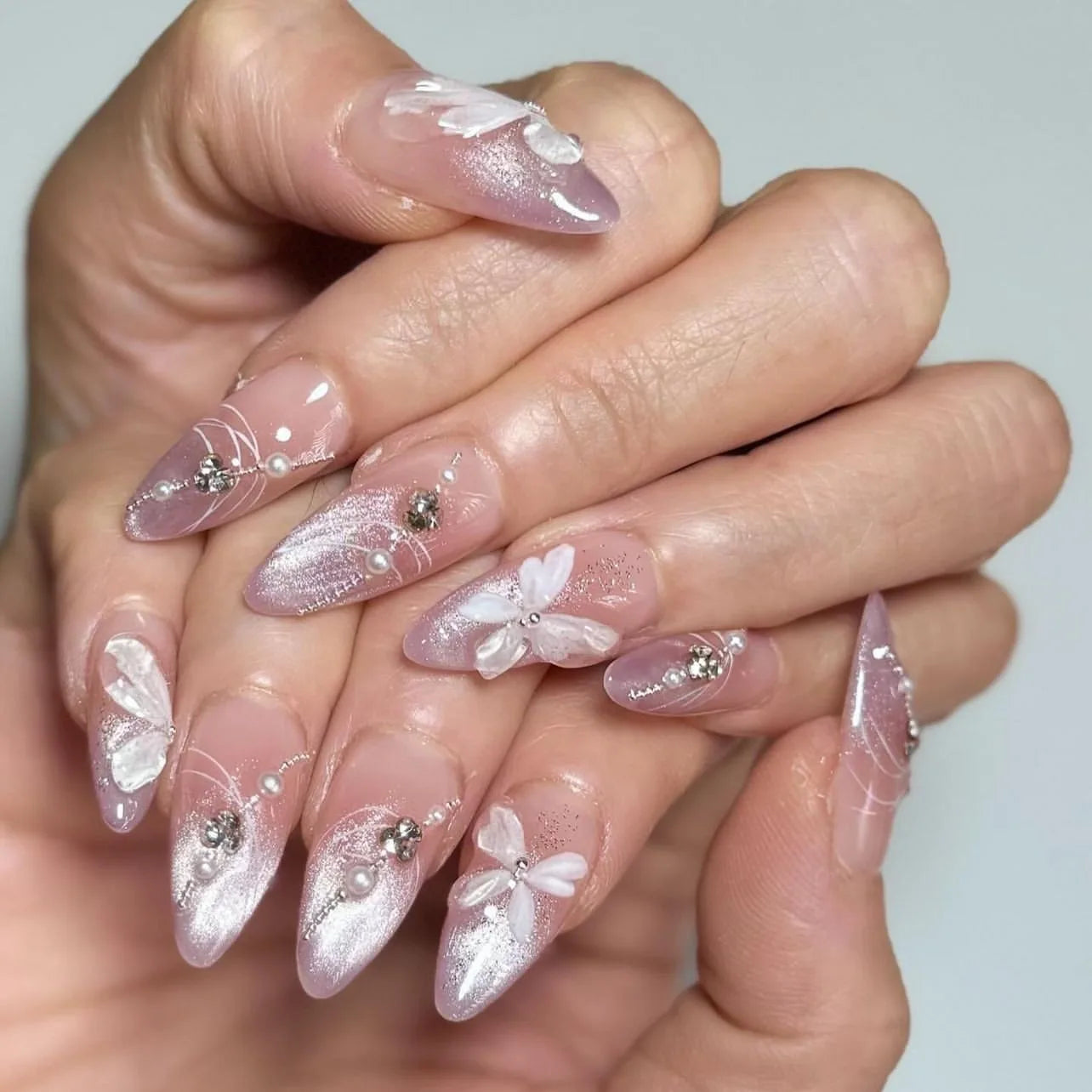 Dropshipping Customize 24 Pcs 3621 French Purple Cat Eye Gradient Sparkle Diamonds  Press on Nails Artificial Fingernails