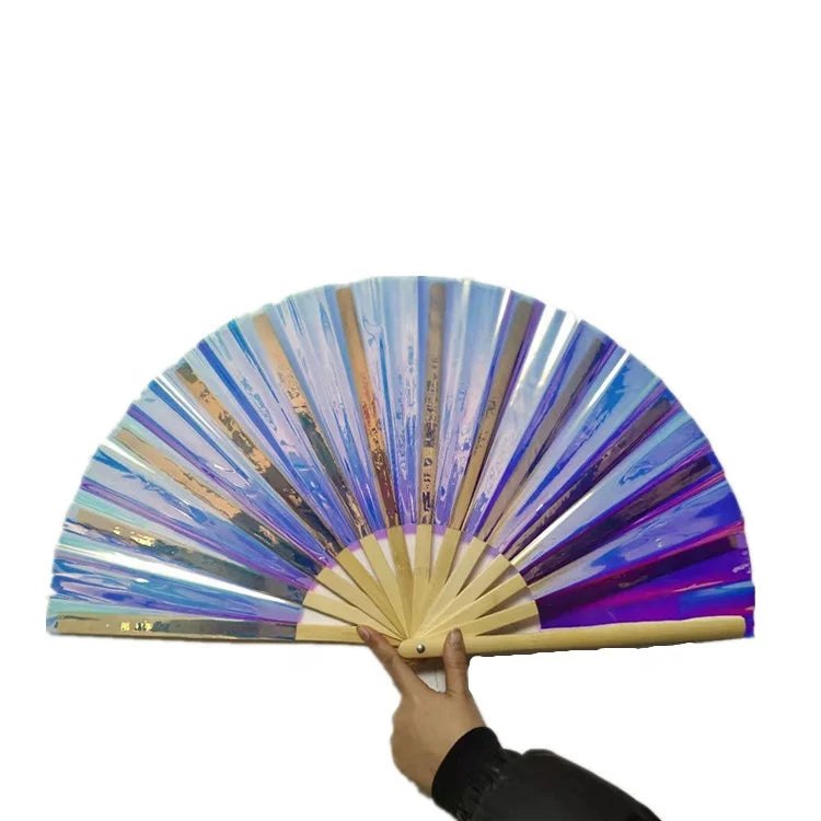 Wholesale Large Holographic Folding Hand Rave Fan Chinese Bamboo Festival Loud Clack Fan Hand Held for Party Gift and Dance MegaBDM