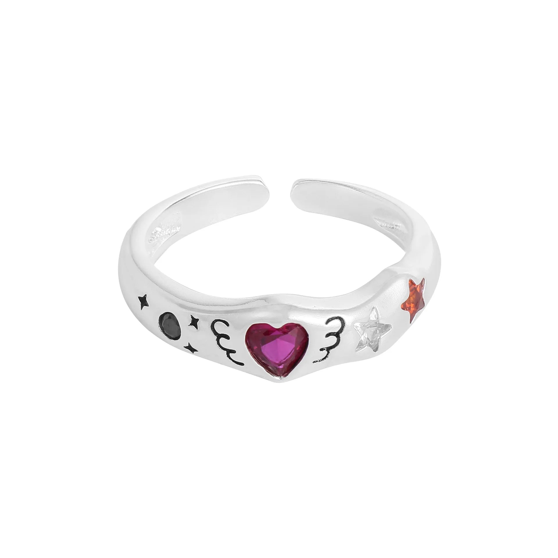 Unisex Trendy Geometric Heart-Shaped Zircon Silver Prong Setting Opening Rhodium Plated Gemstone Jewelry Wedding Engagement