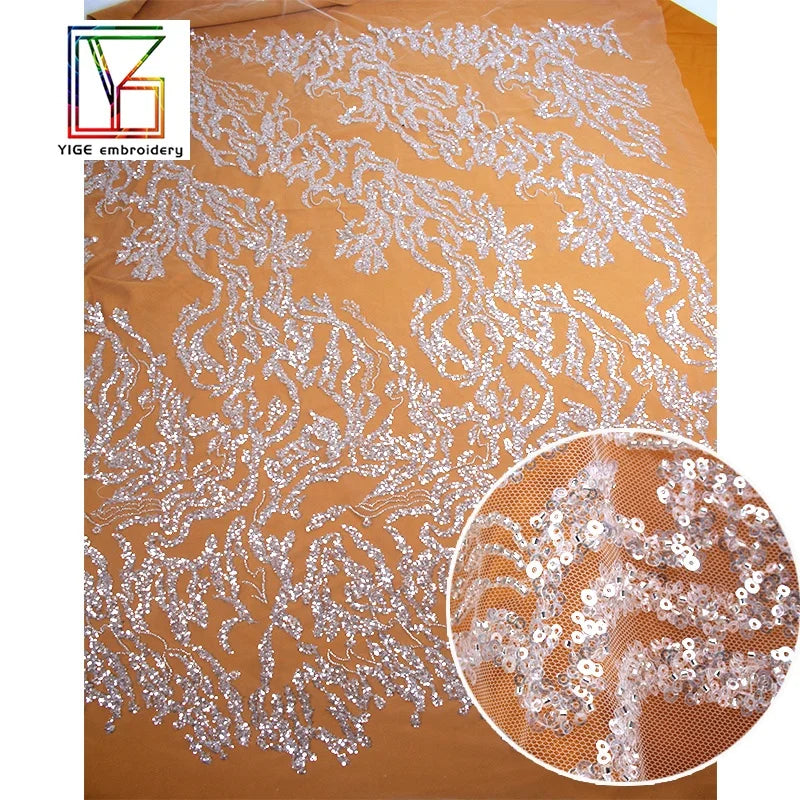 New White Wedding Beaded Material Crystal Sequins Tulle Embroidery Lace Fabric