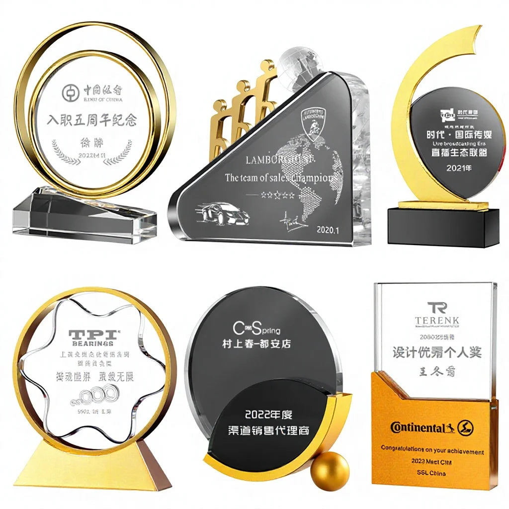 Factory Wholesale New Design K9 Crystal Trophy Awards Custom logo Laser Engraved Crystal Glass Metal Trophy