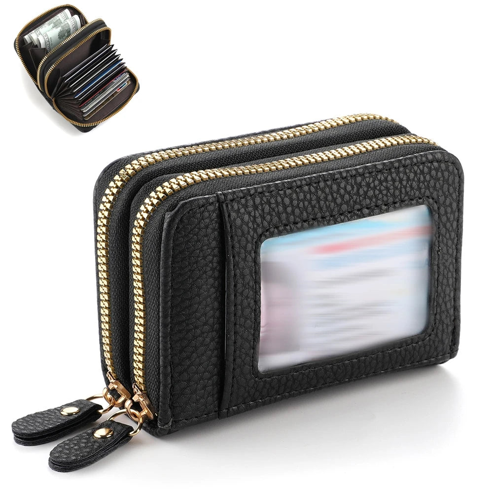 Women's Large Capacity Leather Wallet Double Zipper ID Window Coin Purse with Secure Credit Card Holder