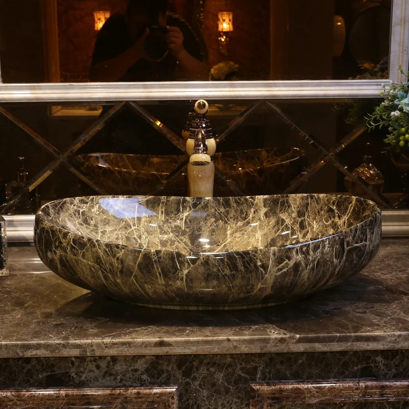 Ceramic Sanitary Wares Bathroom Sink Wash Basin Marble Art Basin Above Counter Ceramic Wash Basin
