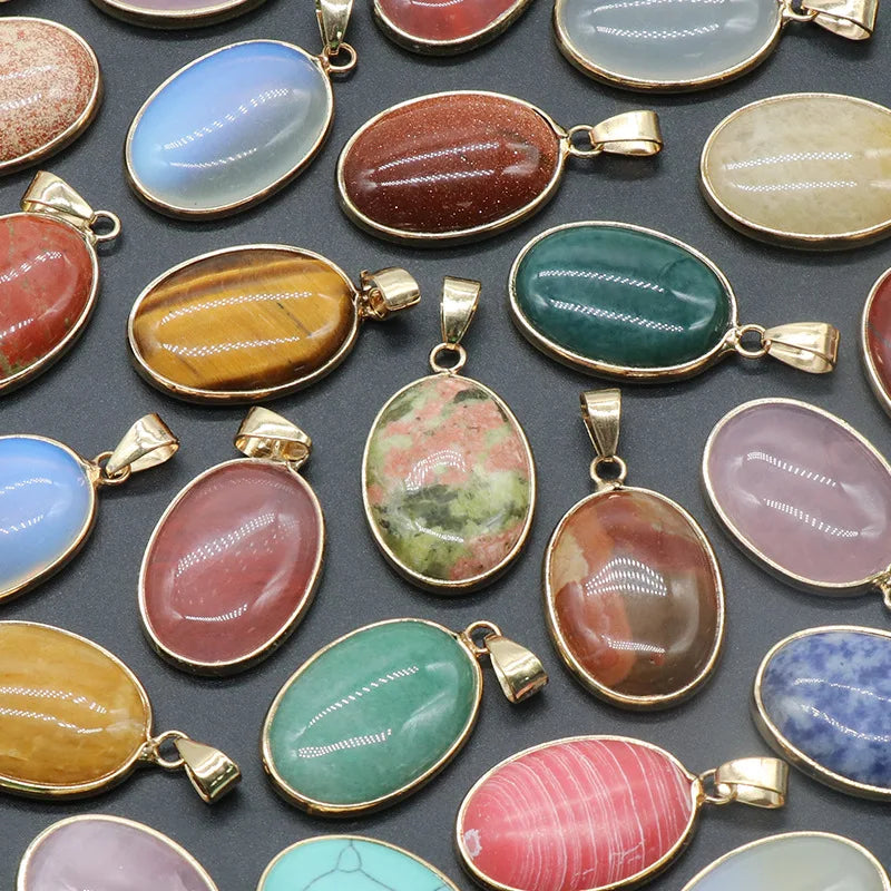 Hot Sale Natural Stone Oval Gold Trim Pendant Necklace Healing Crystal Stone Pendants Charms for Jewelry Making