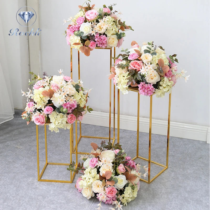 Wholesale Rectangle Gold Metal Wedding Flower Vase Flower Stand for Wedding Party Table Centerpiece Road Led