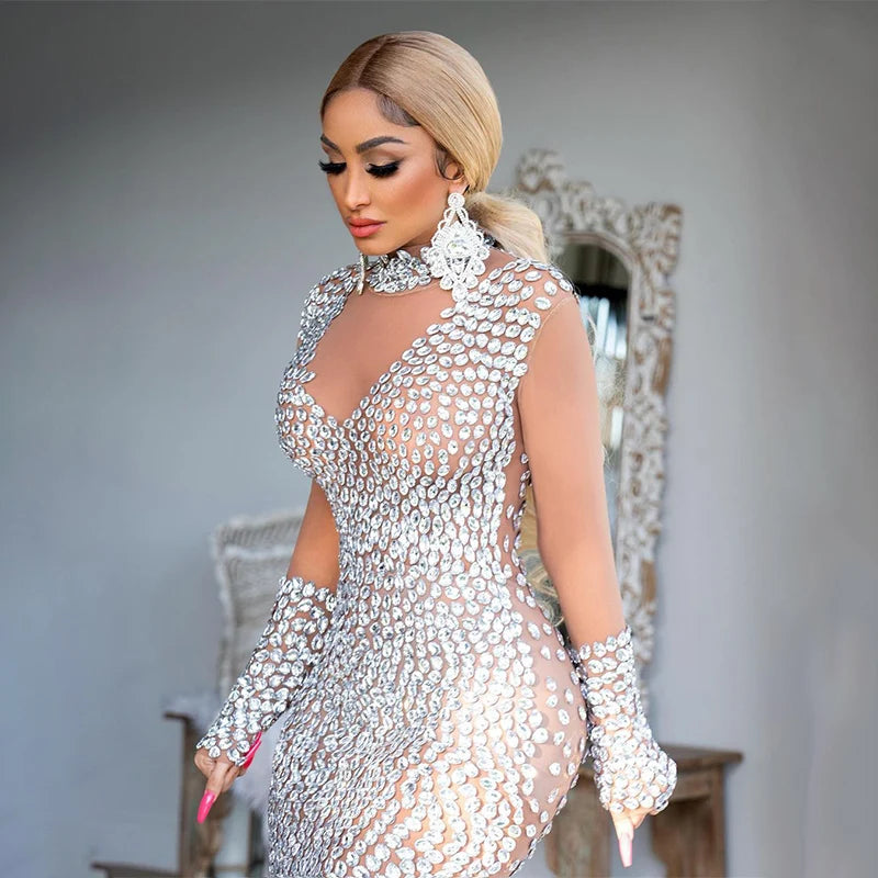 Luxury Summer Glittering Diamond Deep V Sexy Dress Wedding Bodycon Dress Birthday Wedding Party Stage Show Dresses