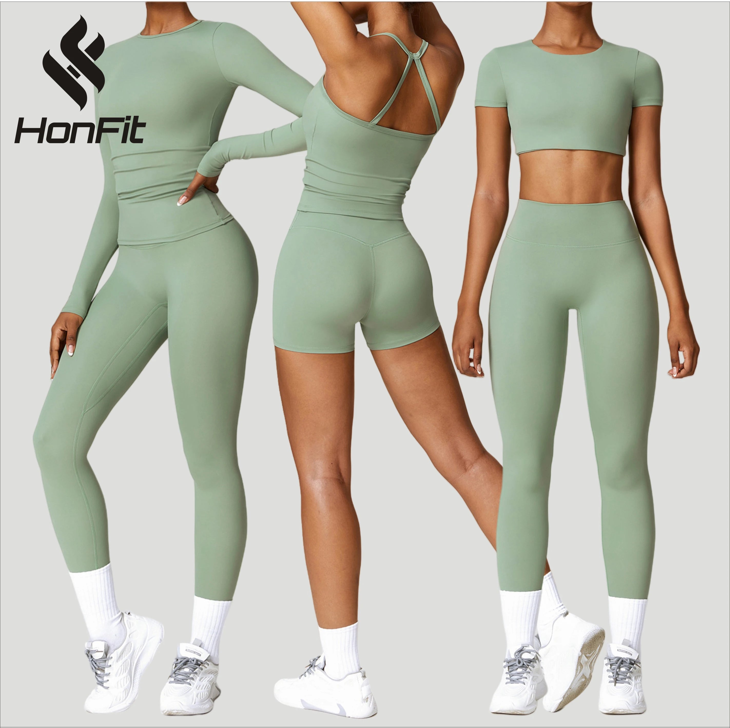 HONFIT Sport Suit High Waist Leggings Running Crop Top Seamless Activewear Clothing Workout Wear Yoga Set Women Gym Fitness Sets