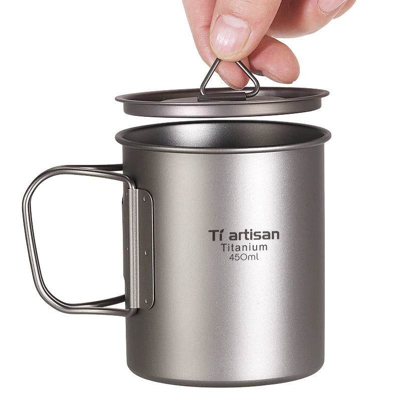 Titanium Cup Camping Mug 450ml  Foldable Handle Titanium Pot with Lid