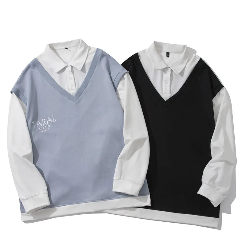 Fitspi Spring Autumn Fake Two Piece Lapel Letter Sweater Color Matching Sports Casual Top Vest Coat Fashion Hoodie Wholesale