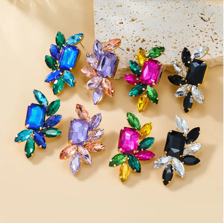 Luxury Vintage Large Crystal Drop Earrings Gold Women's Rhinestone Flower Studs for Parties Weddings Fashion Jewelry Gift