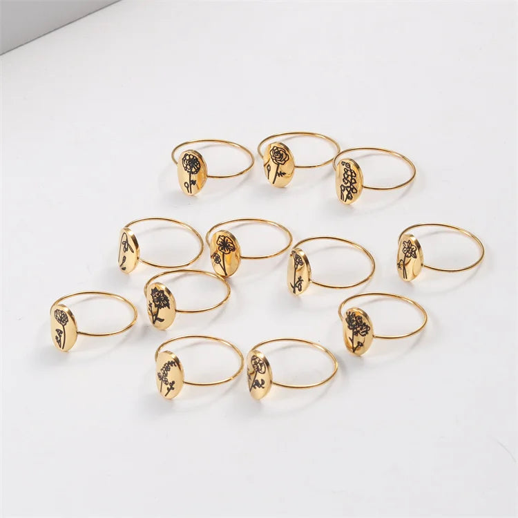 Personalized Thin Wire Month Flower Ring Stainless Steel Gold Plated Women Finger Rings Custom Jewelry