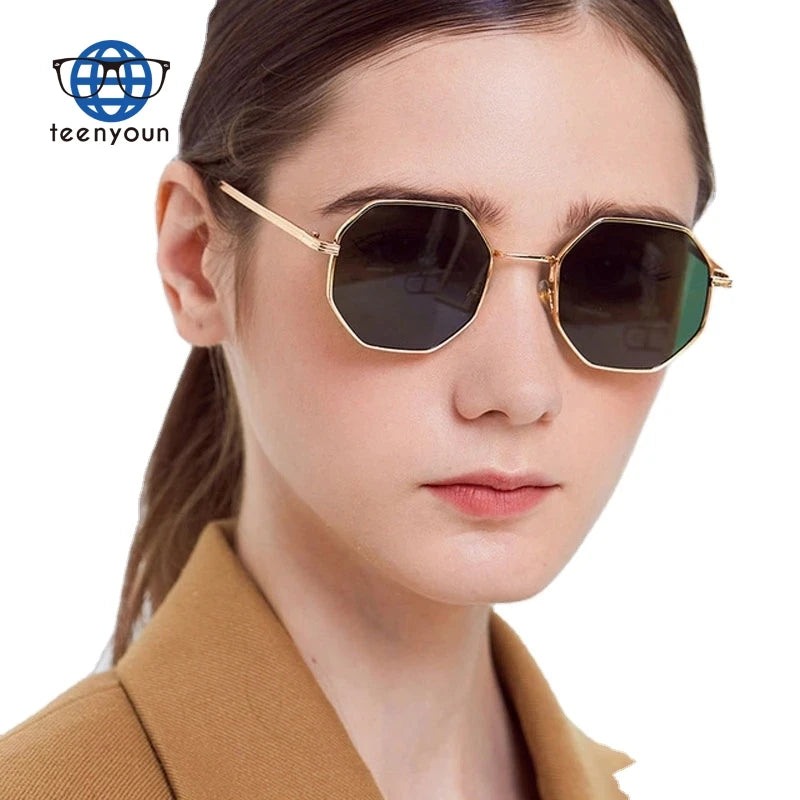Teenyoun Ladies Retro Classic Small Polygon Sunglasses Pink Shades for Men Women Round Green Mirrors UV400 Sun Glasses Eyewear