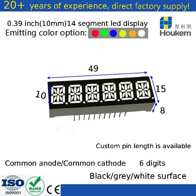 Houkem-4061-asr 0.4" 6-Digit 14-Segment Alphanumeric LED Display Red Emitting Common Cathode 49x15x8mm 20mA MegaBDM