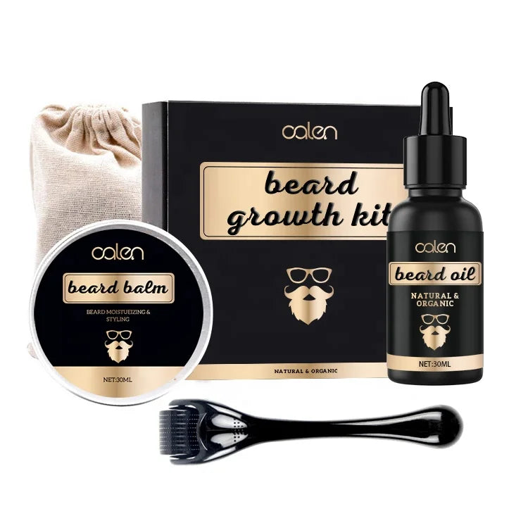 Private Label Professional Organic Beard Oil & Balm Mens Grooming Kit with Wood Comb & Travel Bag