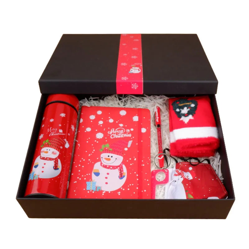 2021 Red New Design Christmas Gift Set Pen/Temperature Vacuum Cup/Key Ring/ Mask/Sock/Notebook with Black Box