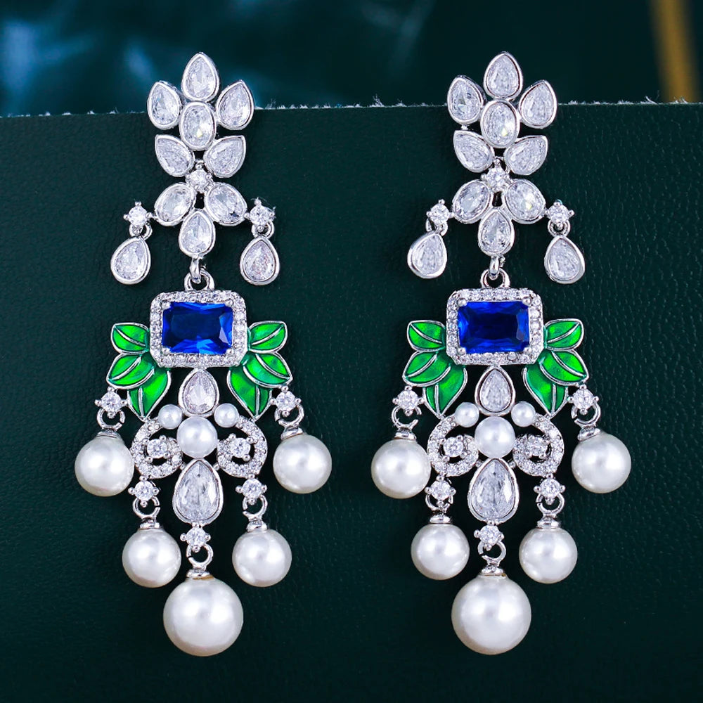 Noble Temperament Indian Luxury Cubic Zircon Earrings Silver Plated Leaves Long Dangle Drop Pearl Earrings for Women Eedding