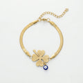 QIAOREN 12779 Stainless Steel Gold Snake Chain Bracelet Four Leaf Clover Adjustable Women Wrist Jewelry
