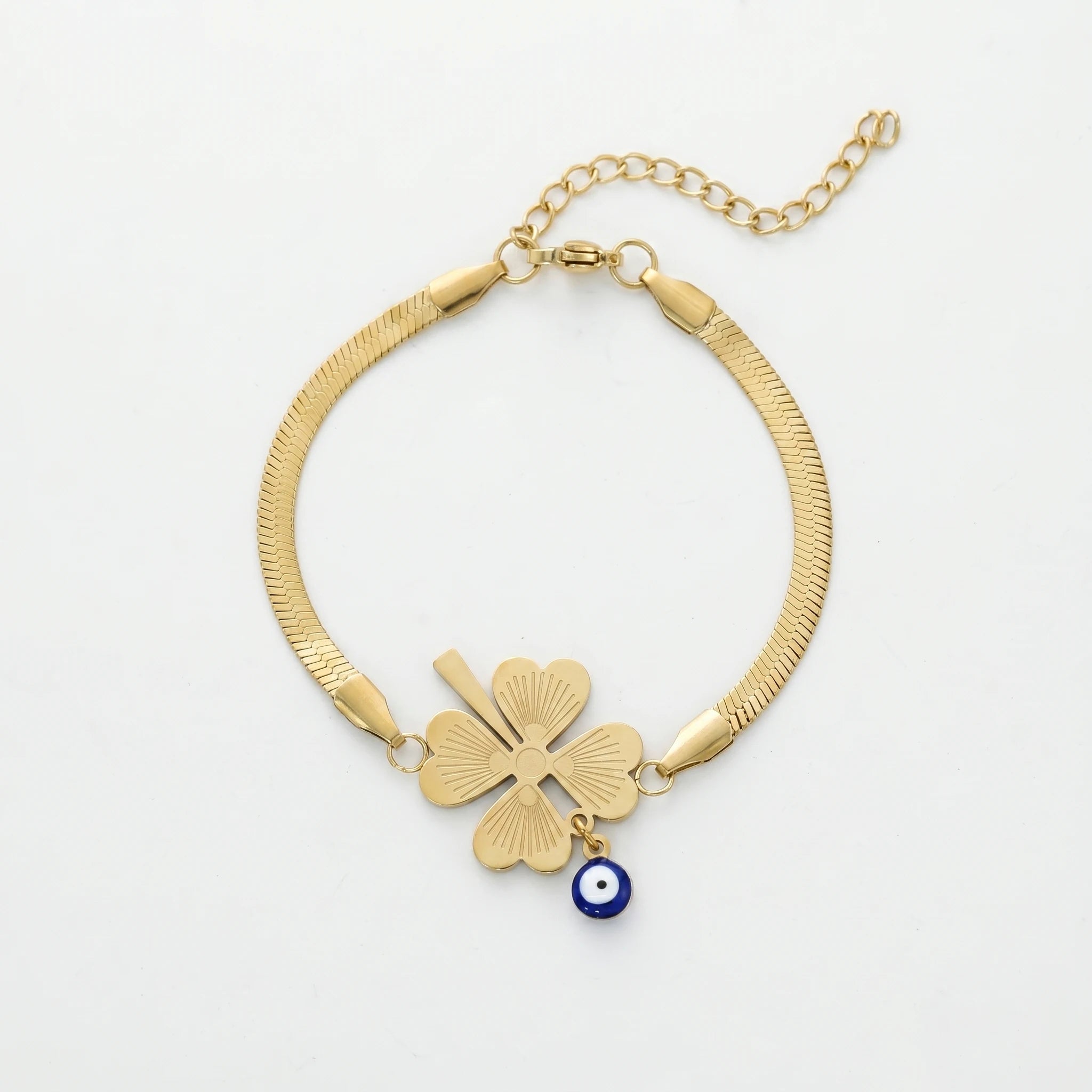 QIAOREN 12779 Stainless Steel Gold Snake Chain Bracelet Four Leaf Clover Adjustable Women Wrist Jewelry