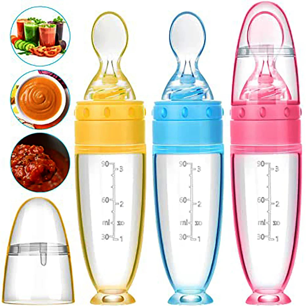 Baby Silicone Feeding Bottle Spoon Baby Food Feeder With Standing Base for Infant 0-24 Months Dispensing and Feeding
