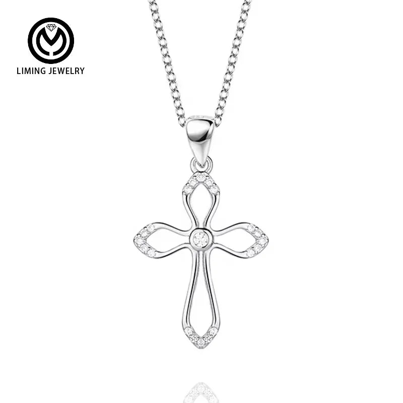 GN43 Wholesale Luxury Fine Jewelry S925 Sterling Silver Religious Statement Hollow Cross Pendant Charms Necklace Women Gift