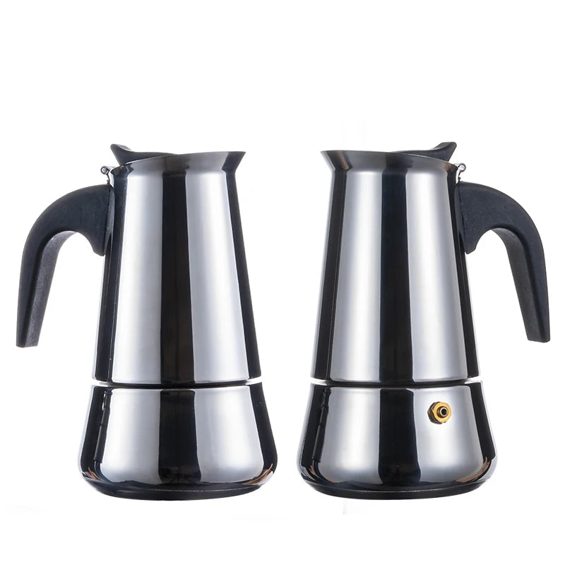 Modern Italian Silver Espresso Coffee Maker Stainless Steel Round Portable Cafetera 6-Cup High Pressure Moka Pot