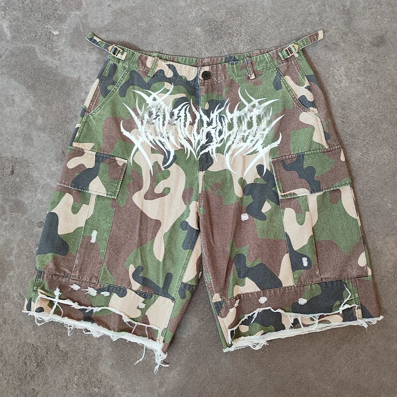 YSJY Streetwear Custom Applique Patches Cotton Oversized Acid Washed Camouflage Jeans Denim Shorts Men