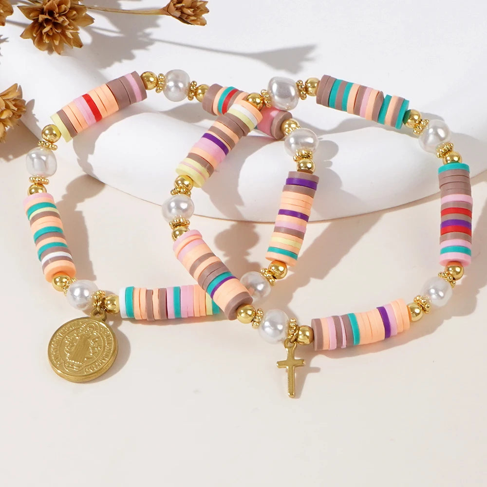 Go2boho Women's Daily Fashion Bracelet Bohemian Style Heishi with Faux Pearl Belief Cross Jesus Pendant Clay Bead Letter Design