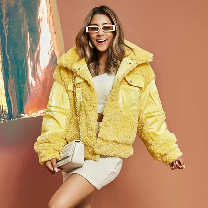 Wholesale Winter Jacket Warm and Fashionable Short Jacket Sheep Shearing Polyester Fiber Splicing Jacket