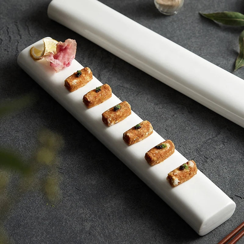 Creative Cold Dishes Sushi Sashimi Dessert Dimsum Serving Tray Rectangle Restaurant White Long Ceramic Sushi Plate