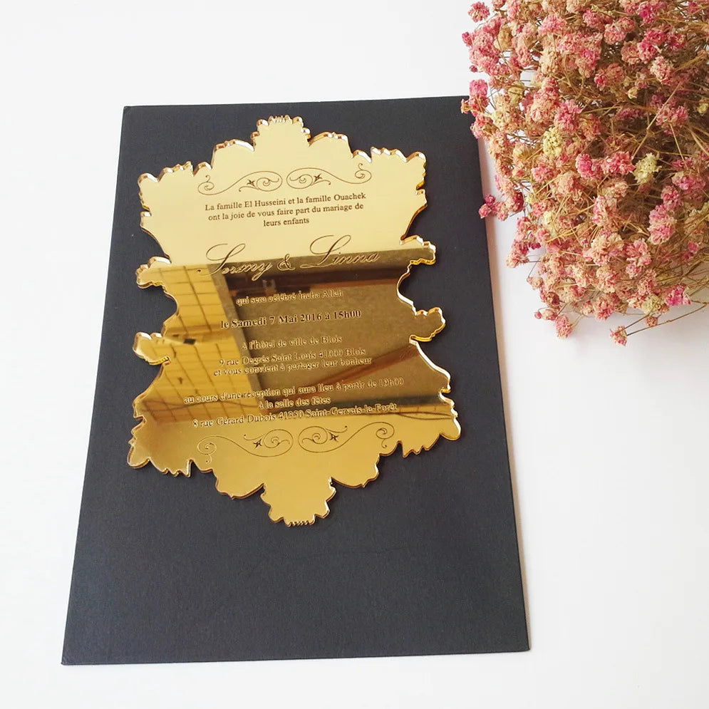 Custom Laser Cut Gold Morrior Marriage Wedding Card Signs Acrylic Wedding Invitation Card With Envelope