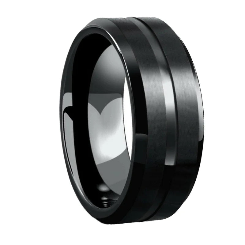 POYA Jewelry Tungsten Ring 8mm Black Beveled Edges Groove Men Tungsten Band