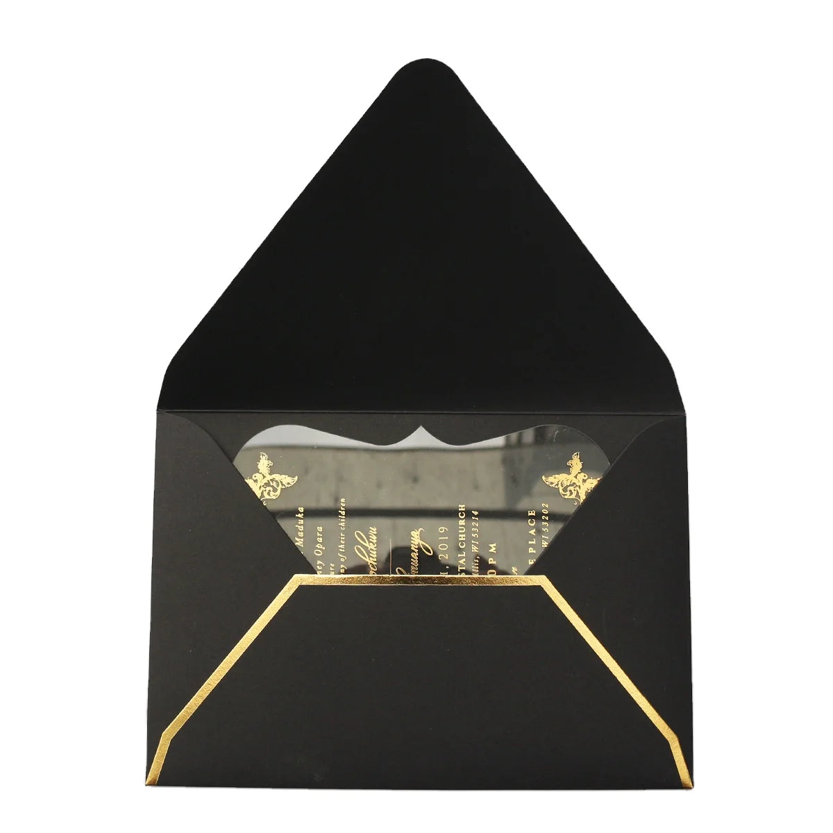 Creative Custom Shape Hindu Wedding Invitation Cards Clear Acrylic with Gold Foil Edge Envelope