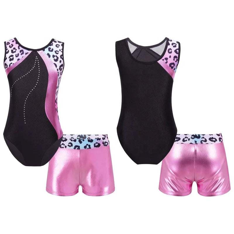 Wholesale Kids Girls Sleeveless Printed Patchwork Leotard Shorts Sets for Dance Gymnastics Performance