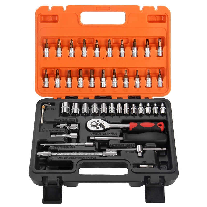 46 Pcs 1/4 " Dr Socket Wrench Set Car Repair Tool Box Spanner Chrome Vanadium Hand Tools and Ratchet Handle Wrench Socket Set MegaBDM