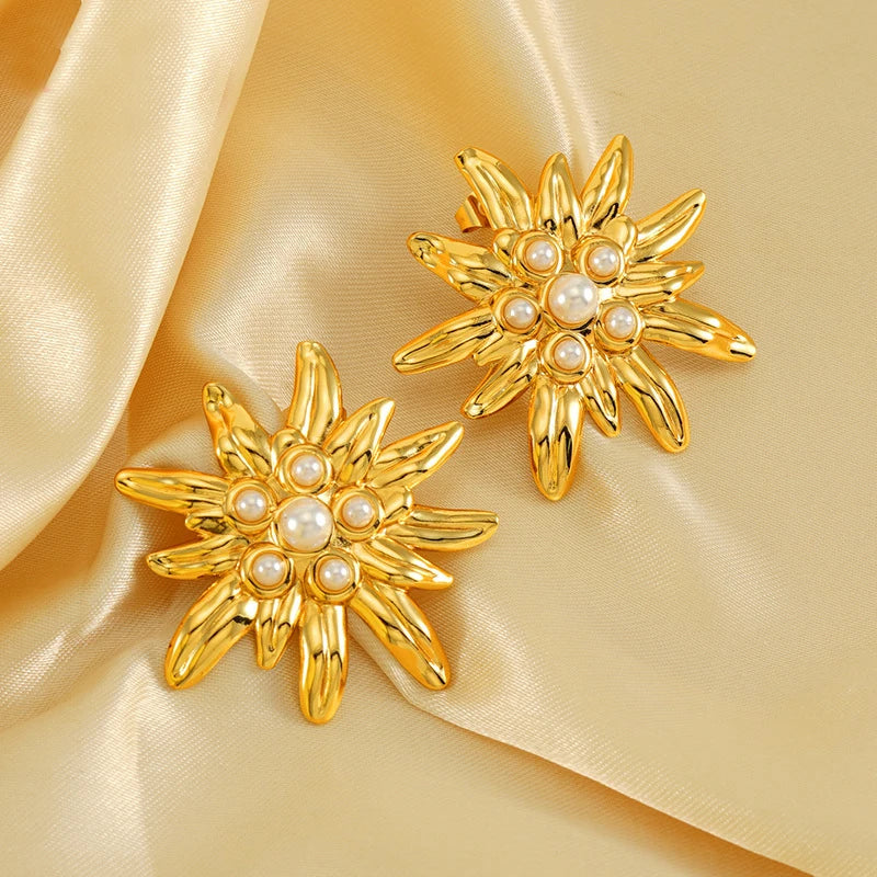 Personalize Stainless Steel 18K Gold Plated Pearl Inlaid Exaggerated Big Flower Earring for Women Ladies