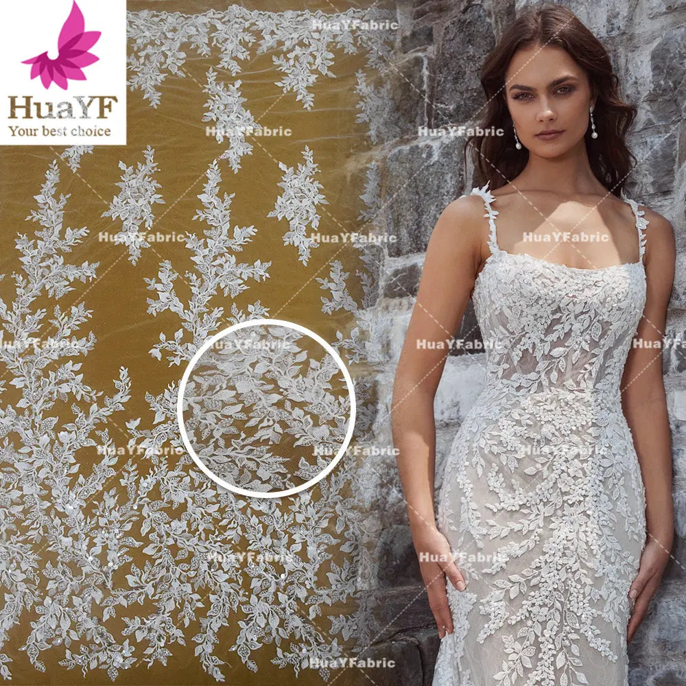 HY2848 New French White Embroidery 3d Beaded Sequins Bridal Wedding Lace Dress Wholesale African