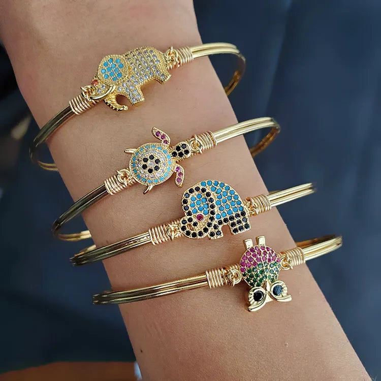 BC2015 Gold Plated Elephant Sea Turtle Owl Pattern Wire Wrapped Bangle Bracelet for Women