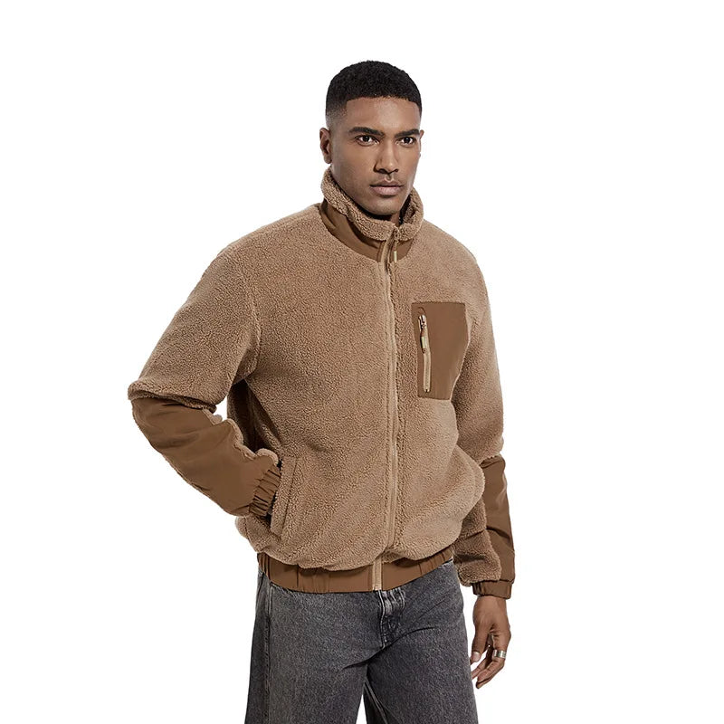 2025 Winter Jacket for Man Wholesale Lamb Fleece Jacket Stand Collar Khaki Sherpa Fluffy Fleece Jacket