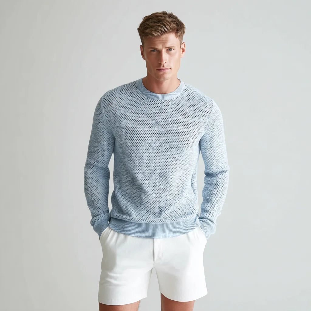 Men's Breathable Mesh-Knit Crewneck Sweater Organic Cotton Summer Knitwear