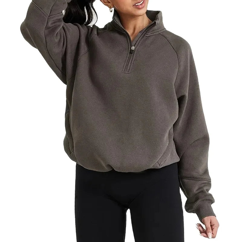 Blank Custom Wholesale Ladies Zipper Hoodies Puff Print Zip Neck Hip Hop Stand Collar Half Zip up Pullover Hoodie Jumpers Women