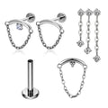 ASTM F136 Titanium EAR PIERC Chains Hangs Curved Bar Pendant Chain Dangle Ear Studs CZ Top Labret Earrings Body Piercing Jewelry