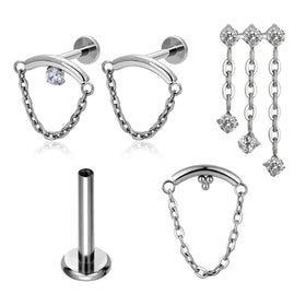 ASTM F136 Titanium EAR PIERC Chains Hangs Curved Bar Pendant Chain Dangle Ear Studs CZ Top Labret Earrings Body Piercing Jewelry