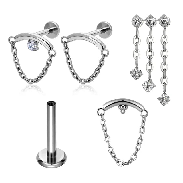 ASTM F136 Titanium EAR PIERC Chains Hangs Curved Bar Pendant Chain Dangle Ear Studs CZ Top Labret Earrings Body Piercing Jewelry