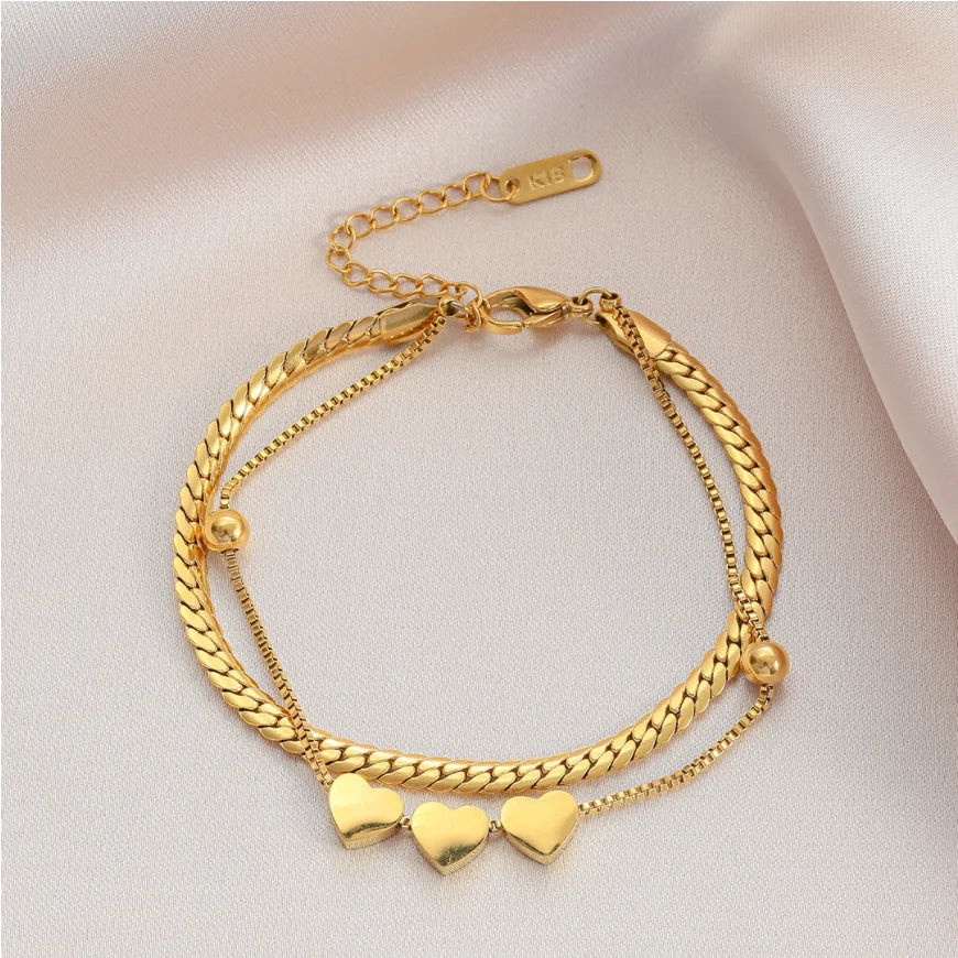 2021 New Fashion Stainless Steel 2 Layer Love Heart Beaded Thick Chain Bracelets Bangles for Women