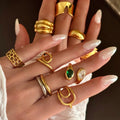 NEW VINTAGE ART BEAUTIFUL LINE GREEN ZIRCON RING SET Dazan HOT INS Trendy 18k PVD Gold Plated Stainless Steel COUPLE LADY RING