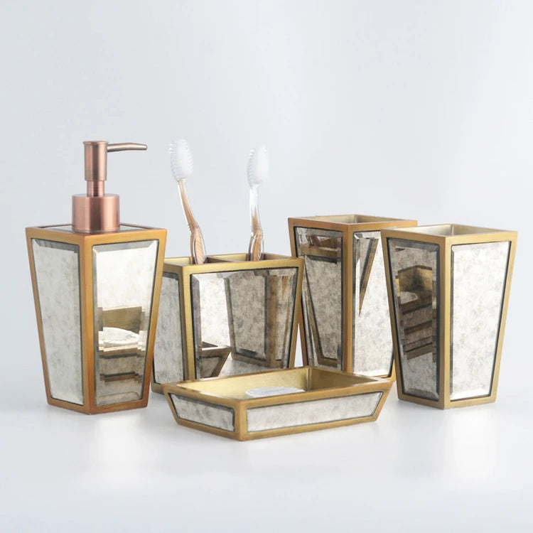 High-End Eco-Friendly Five-Piece Resin & Glass Bathroom Set with Mirror for Hotel Use