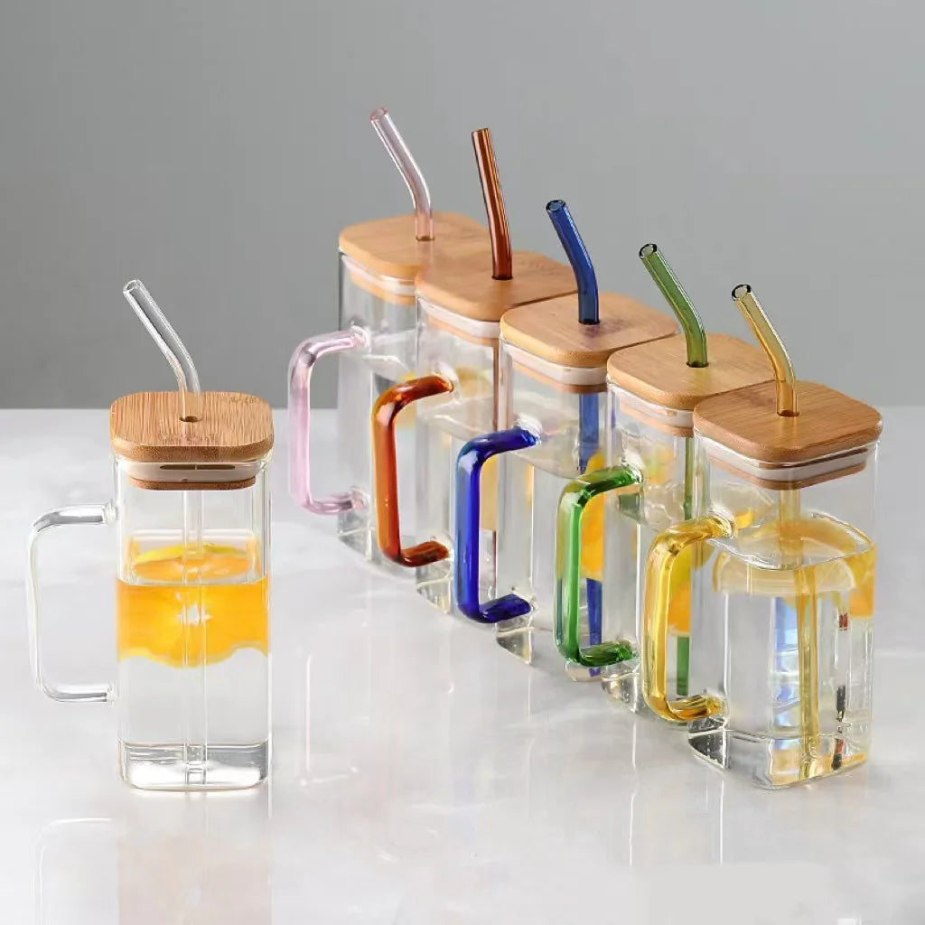 High Borosilicate Glass Straw Creative Juice Milk Coffee Glass Mug Colored Handle With Lid Clear Glassware Cup